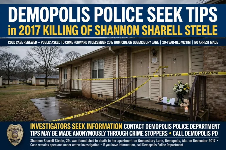 Illustration for the news story: Demopolis Police Seek Tips in 2017 Killing of Shannon Sharell Steele