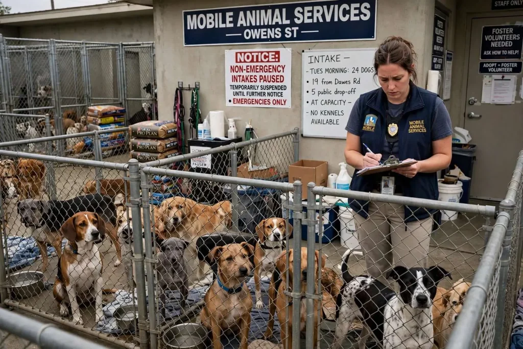 Illustration for the news story: Dog Influx Overwhelms Mobile Animal Shelter, Pausing Non-Emergency Intakes