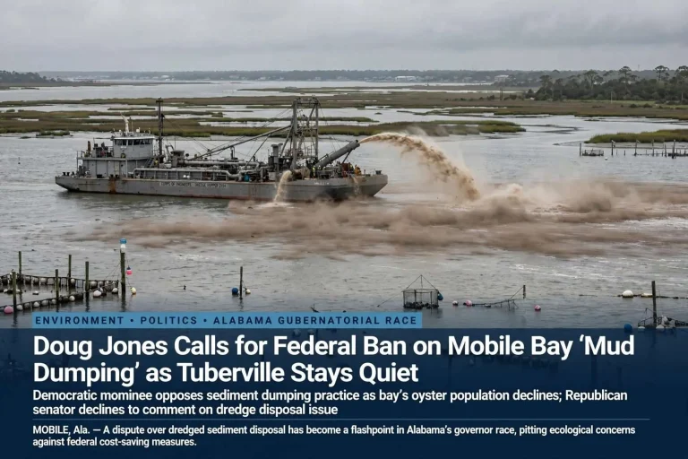 Illustration for the news story: Doug Jones Calls for Federal Ban on Mobile Bay ‘Mud Dumping’ as Tuberville Stays Quiet