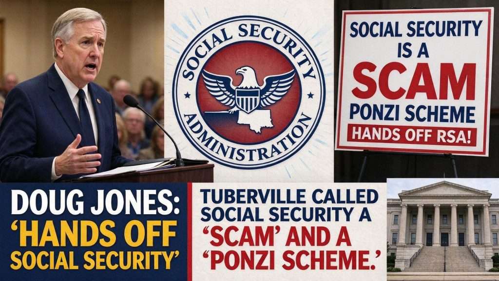 Illustration for the news story: Doug Jones Renews Attack on Tuberville’s Social Security ‘Scam’ Remarks at Montgomery Town Hall