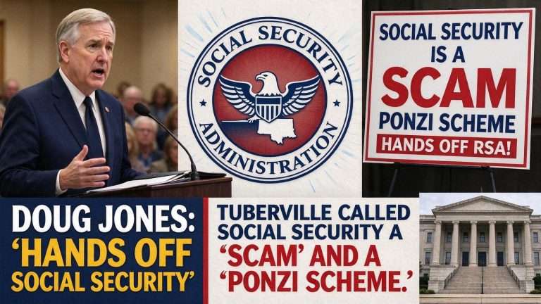 Illustration for the news story: Doug Jones Renews Attack on Tuberville’s Social Security ‘Scam’ Remarks at Montgomery Town Hall