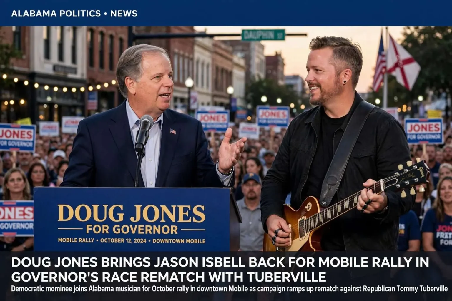 Illustration for the news story: Doug Jones Brings Jason Isbell Back for Mobile Rally in Governor’s Race Rematch With Tuberville