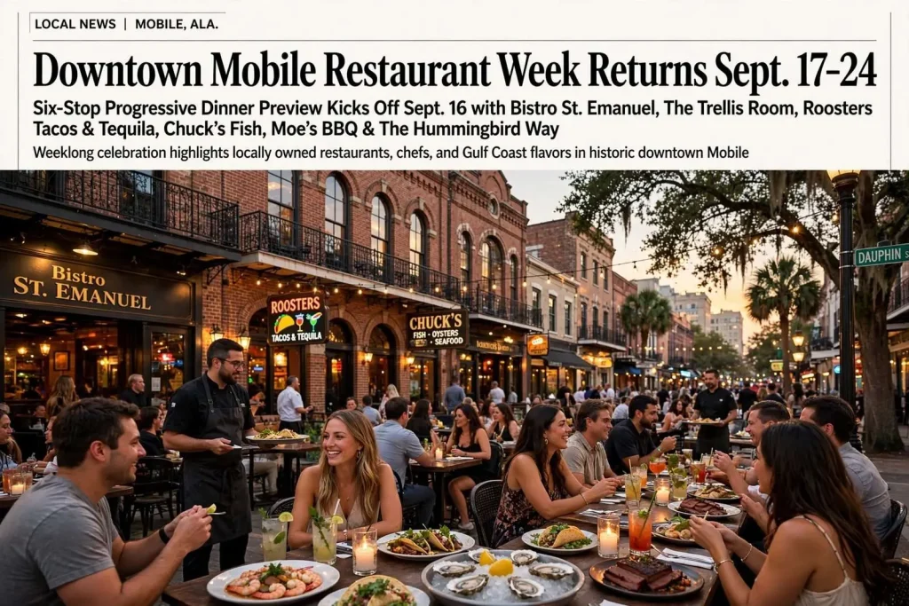 Illustration for the news story: Downtown Mobile Restaurant Week Returns Sept. 17-24 With Six-Stop Progressive Dinner Preview