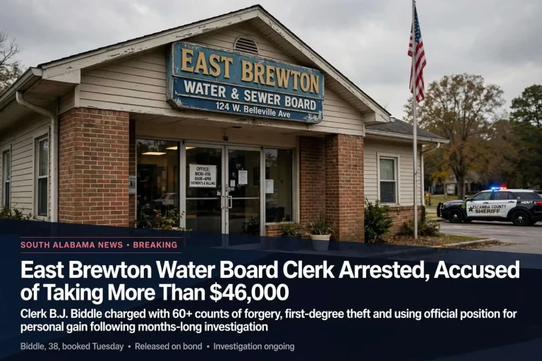 Illustration for the news story: East Brewton Water Board Clerk Arrested, Accused of Taking More Than $46,000