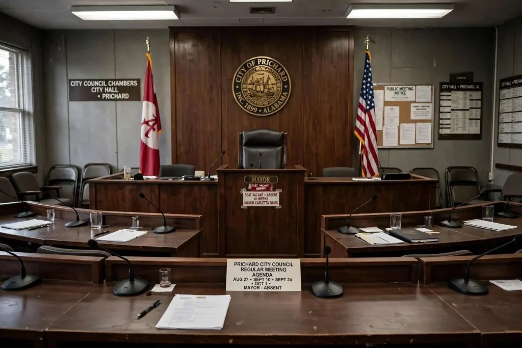 Illustration for the news story: Empty Chair at City Hall: Prichard Residents Sound Off as Mayor Davis’s Council Absence Stretches Past Two Months