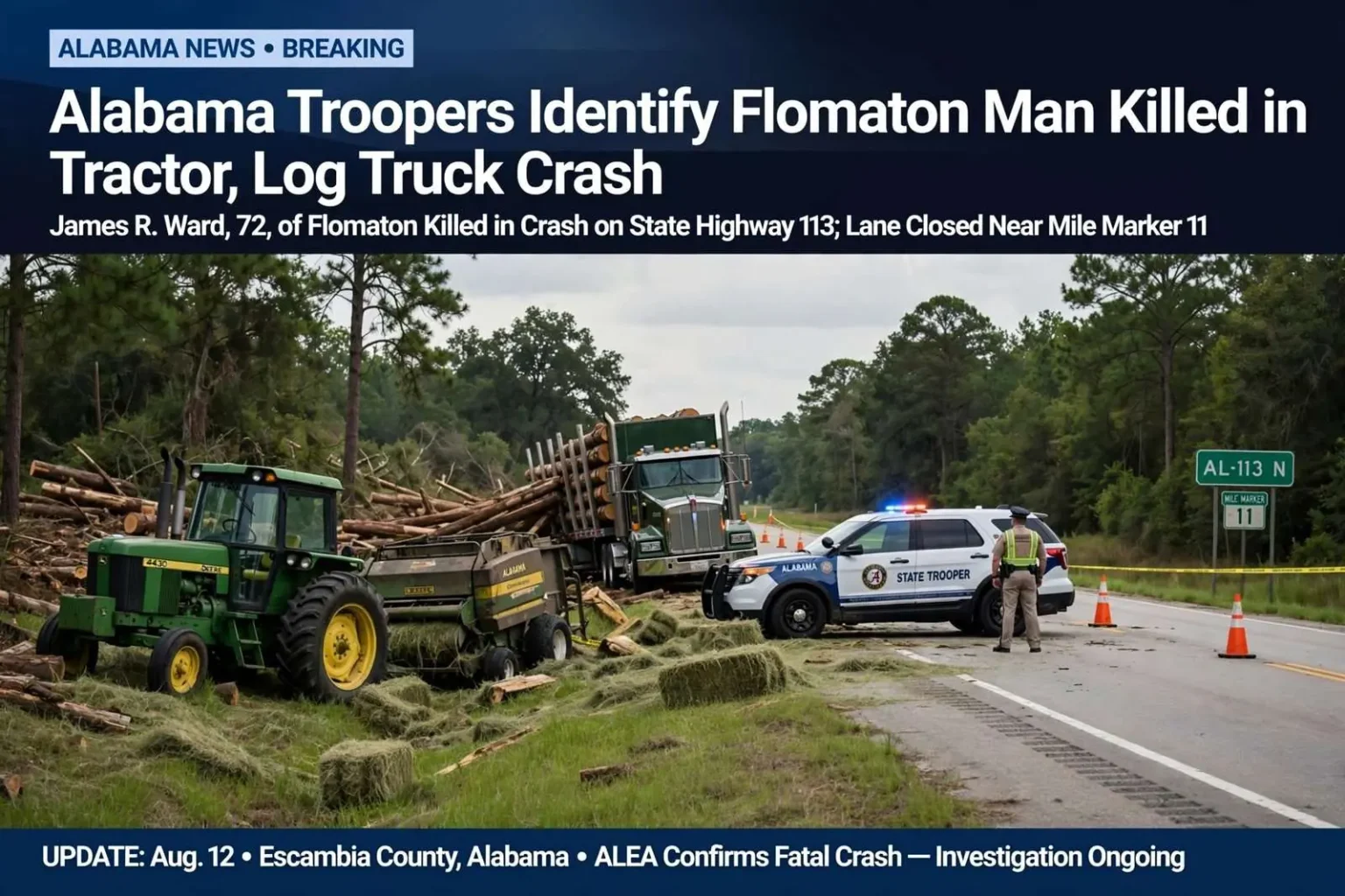 Illustration for the news story: Alabama Troopers Identify Flomaton Man Killed in Tractor, Log Truck Crash