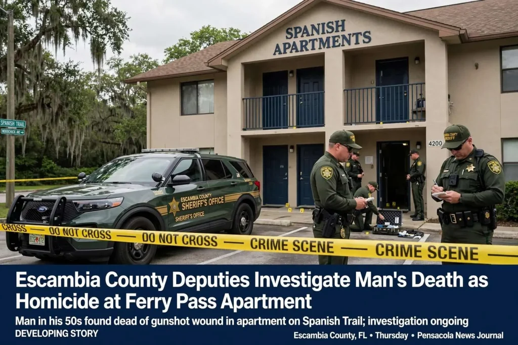 Illustration for the news story: Escambia County Deputies Investigate Man’s Death as Homicide at Ferry Pass Apartment