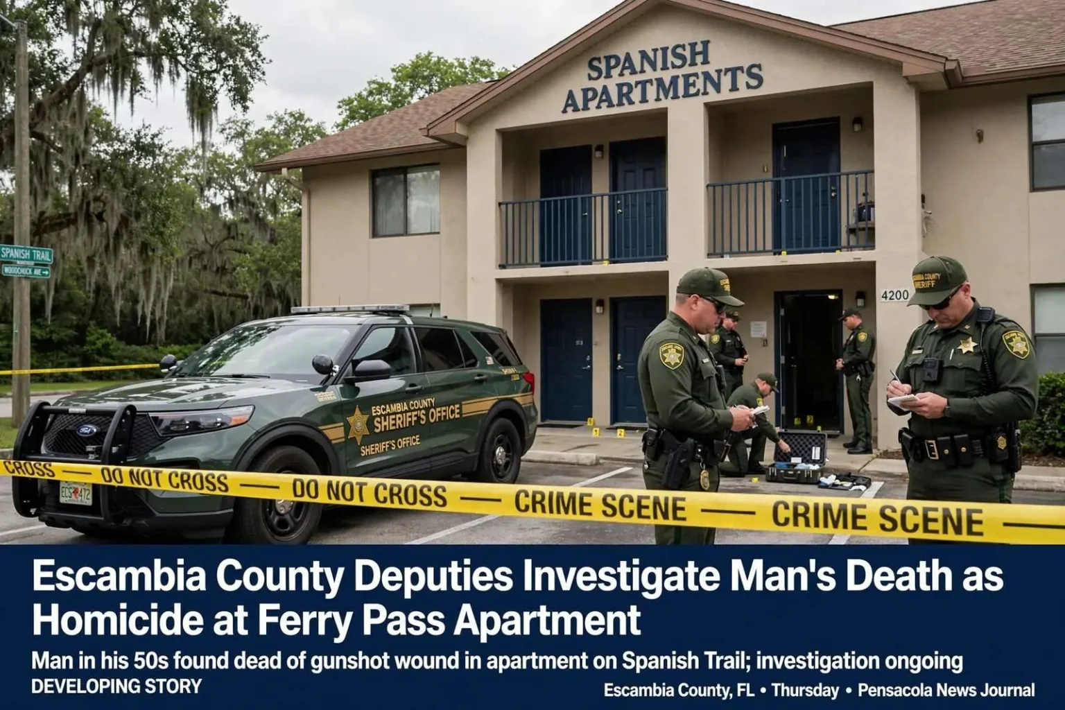 Illustration for the news story: Escambia County Deputies Investigate Man’s Death as Homicide at Ferry Pass Apartment