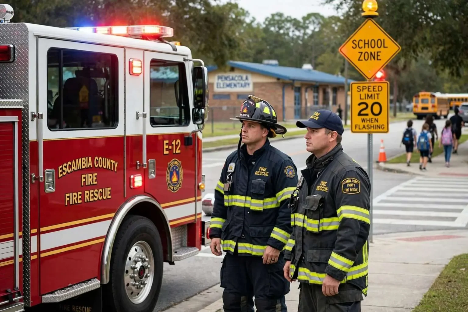 Illustration for the news story: Escambia County Fire Rescue Crews Stand By in School Zones to Boost Driver Safety