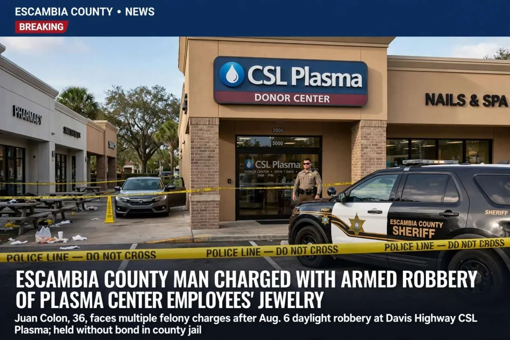 Illustration for the news story: Escambia County Man Charged With Armed Robbery of Plasma Center Employees’ Jewelry