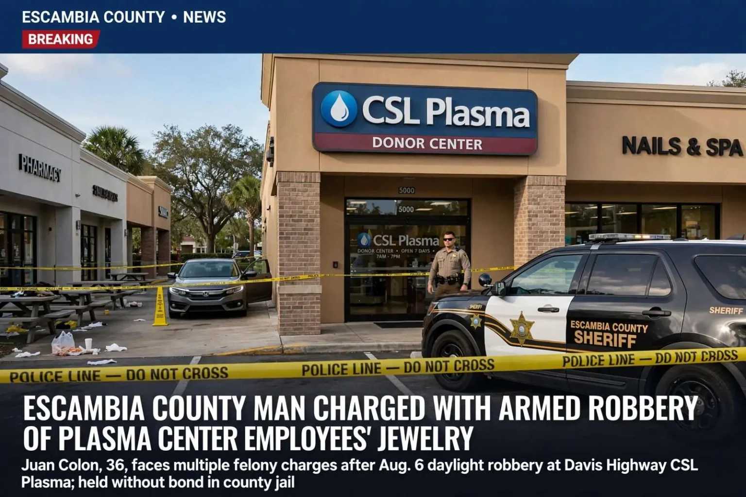 Illustration for the news story: Escambia County Man Charged With Armed Robbery of Plasma Center Employees’ Jewelry