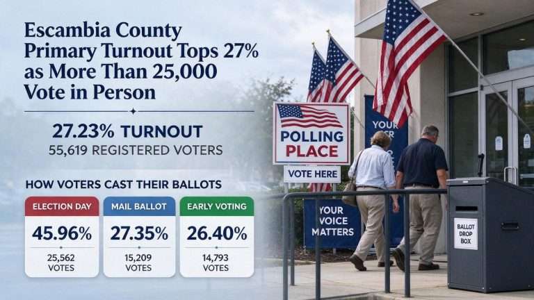 Illustration for the news story: Escambia County Primary Turnout Tops 27% as More Than 25,000 Vote in Person