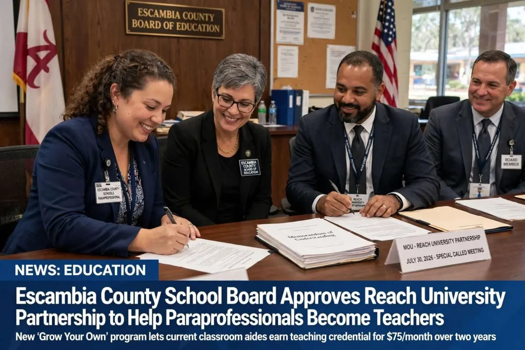 Illustration for the news story: Escambia County School Board Approves Reach University Partnership to Help Paraprofessionals Become Teachers