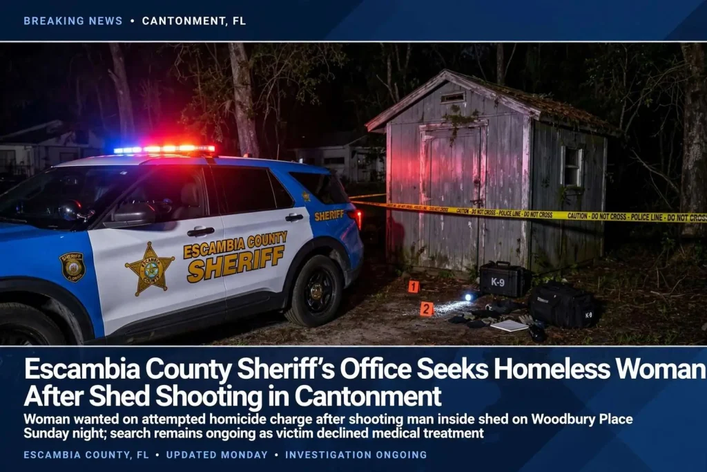 Illustration for the news story: Escambia County Sheriff’s Office Seeks Homeless Woman After Shed Shooting in Cantonment