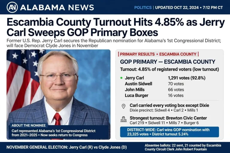 Illustration for the news story: Escambia County Turnout Hits 4.85% as Jerry Carl Sweeps GOP Primary Boxes