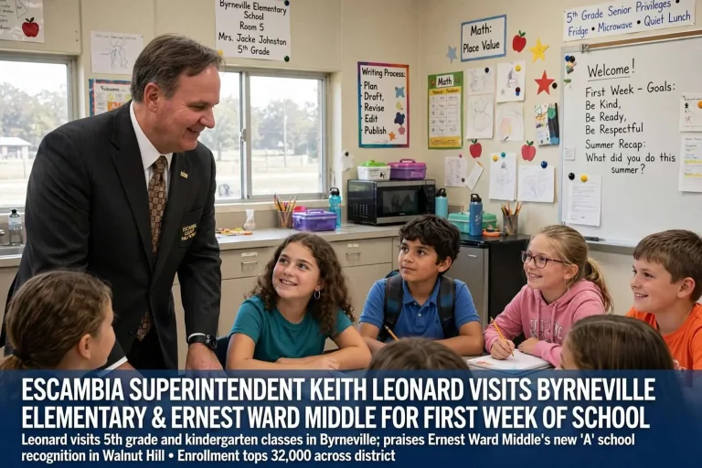 Illustration for the news story: Escambia Superintendent Keith Leonard Visits Byrneville Elementary, Ernest Ward Middle for First Week of School