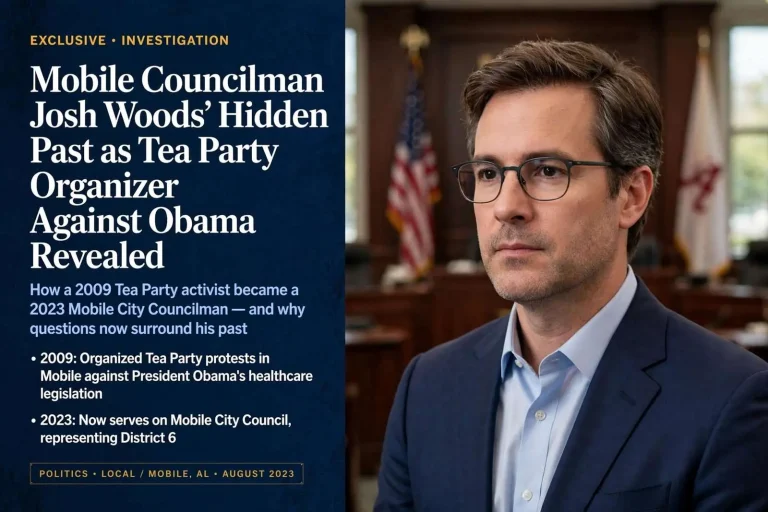 Illustration for the news story: EXCLUSIVE: Mobile Councilman Josh Woods’ Hidden Past as Tea Party Organizer Against Obama Revealed