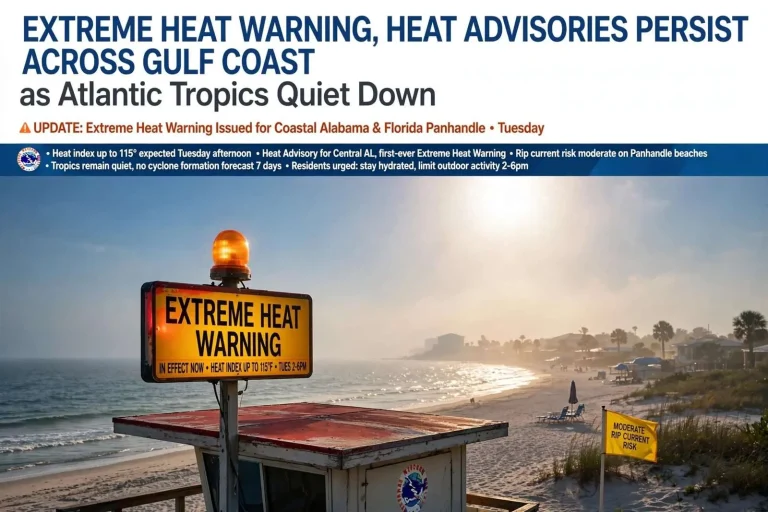 Illustration for the news story: Extreme Heat Warning, Heat Advisories Persist Across Gulf Coast as Atlantic Tropics Quiet Down