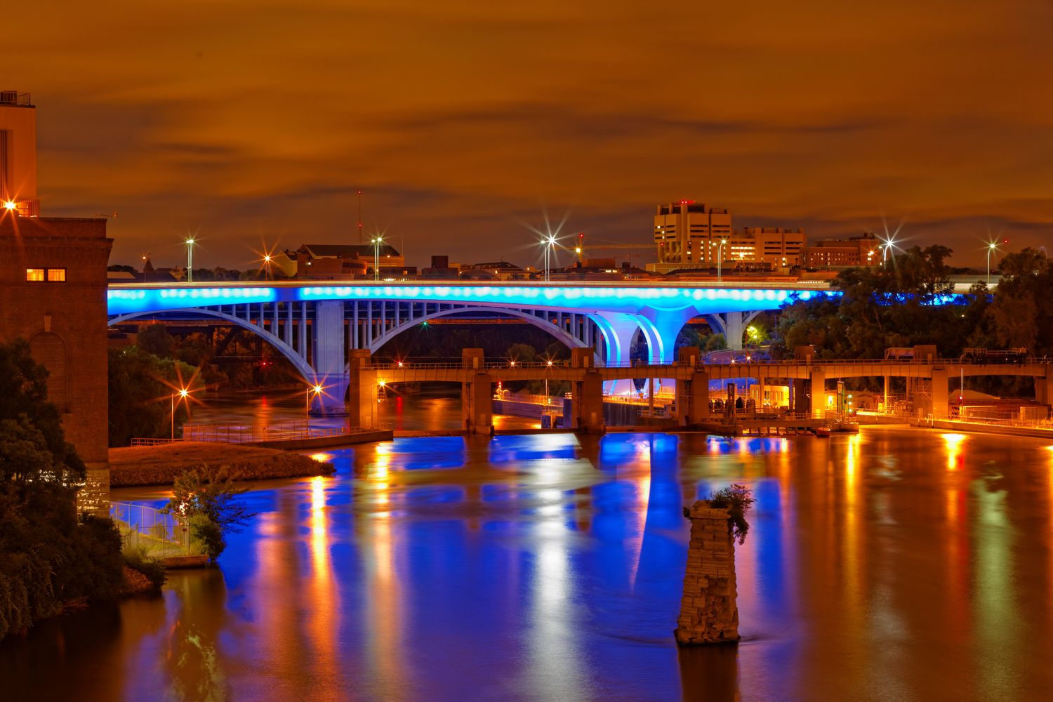 A highway bridge spanning a wide body of water