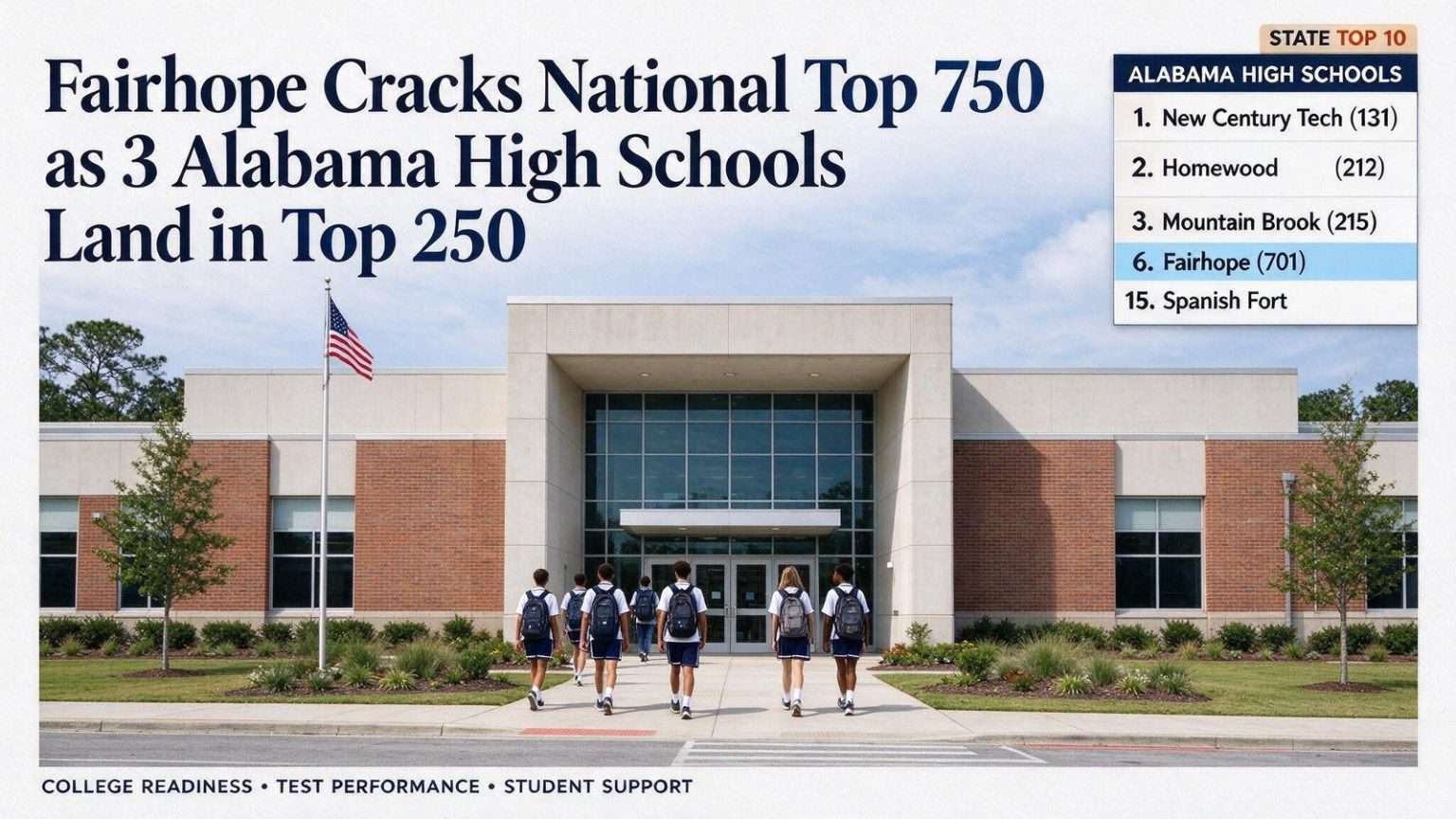 Illustration for the news story: Fairhope Cracks National Top 750 as 3 Alabama High Schools Land in Top 250