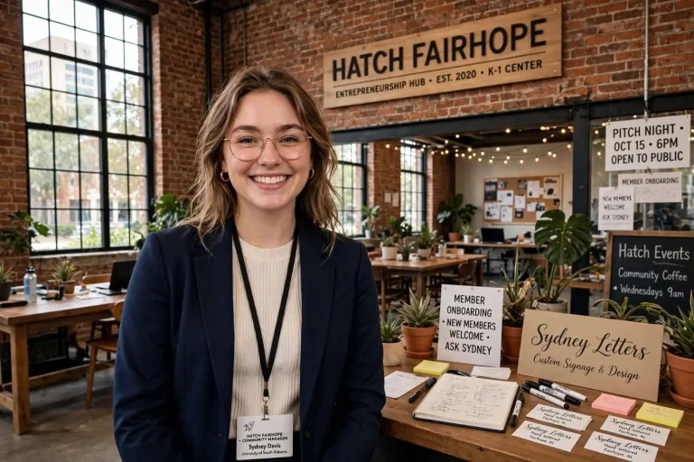 Illustration for the news story: Fairhope Entrepreneurship Hub Hatch Names USA Graduate as First Community Manager