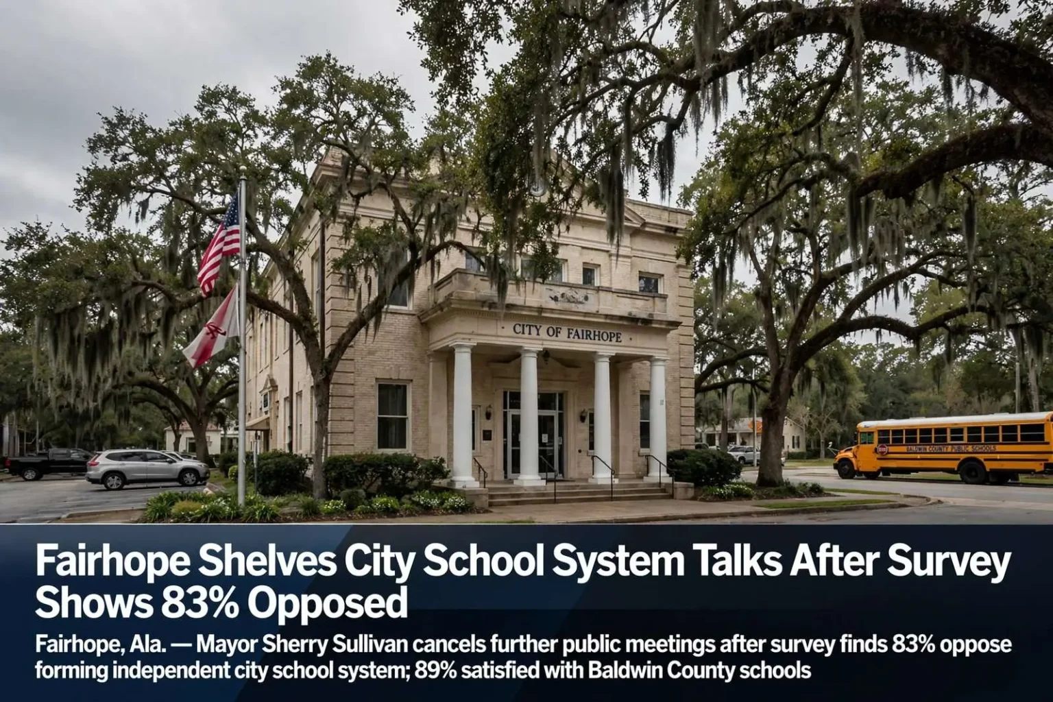 Illustration for the news story: Fairhope Shelves City School System Talks After Survey Shows 83% Opposed