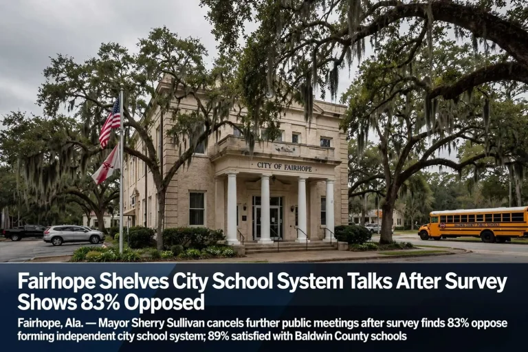 Illustration for the news story: Fairhope Shelves City School System Talks After Survey Shows 83% Opposed