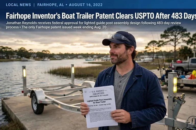 Illustration for the news story: Fairhope Inventor’s Boat Trailer Patent Clears USPTO After 483 Days