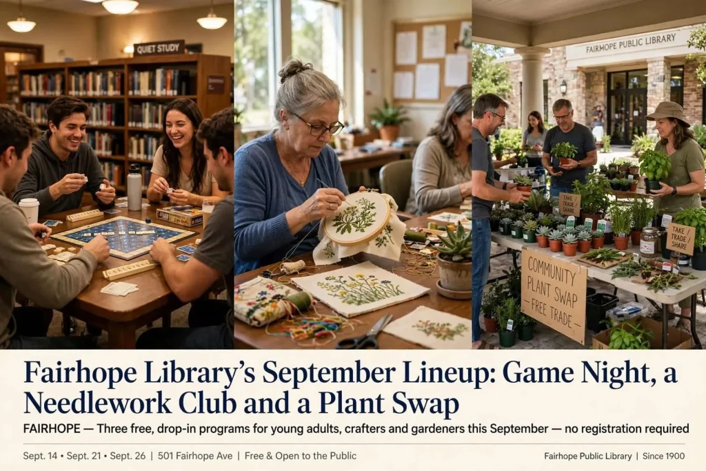 Illustration for the news story: Fairhope Library’s September Lineup: Game Night, a Needlework Club and a Plant Swap
