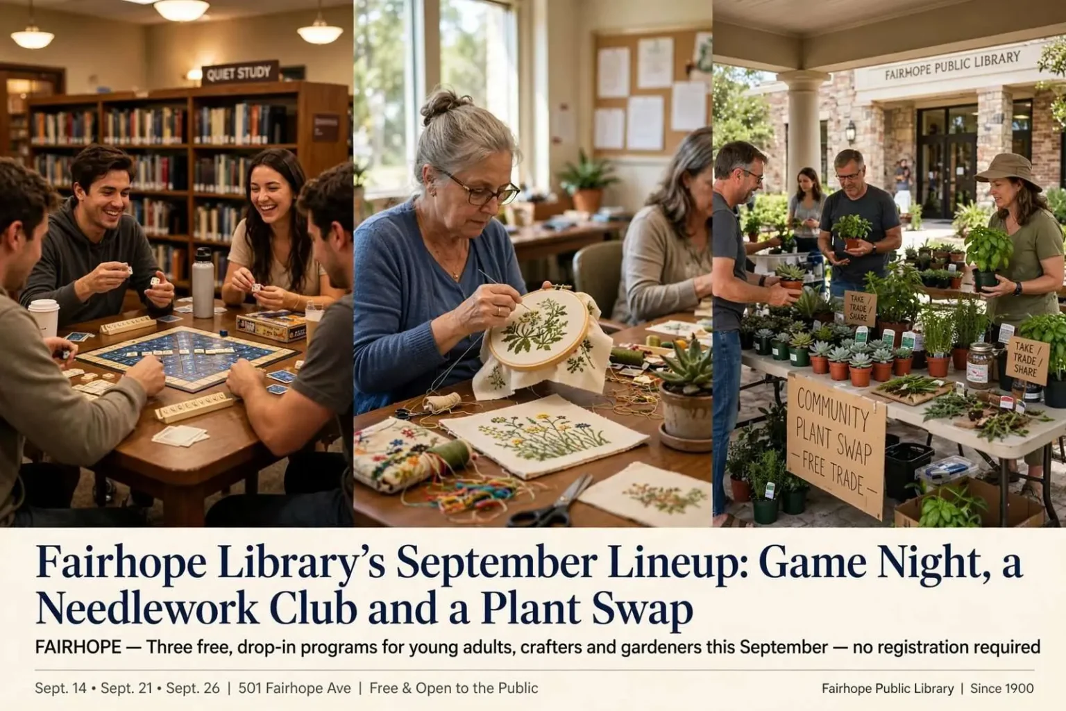 Illustration for the news story: Fairhope Library’s September Lineup: Game Night, a Needlework Club and a Plant Swap
