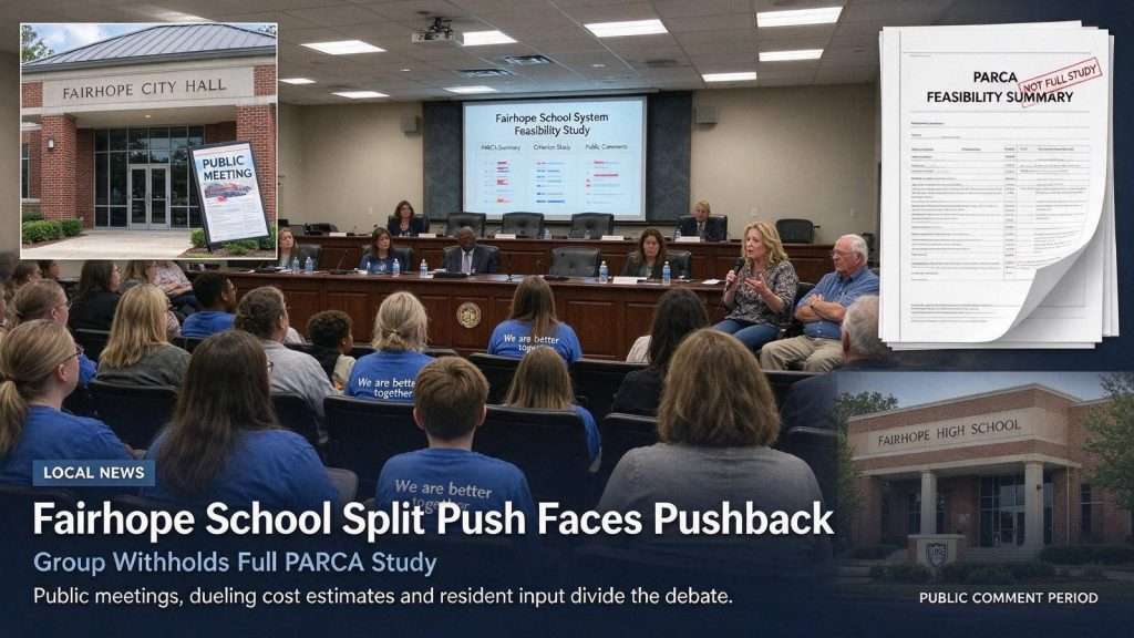 Illustration for the news story: Fairhope School Split Push Faces Pushback as Group Withholds Full PARCA Study