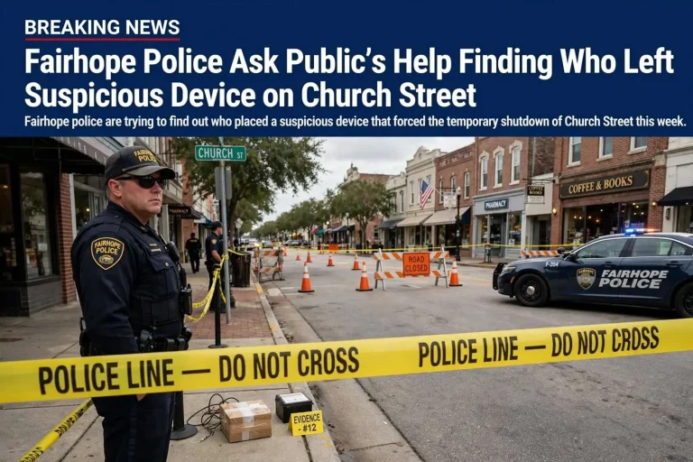 Illustration for the news story: Fairhope Police Ask Public’s Help Finding Who Left Suspicious Device on Church Street