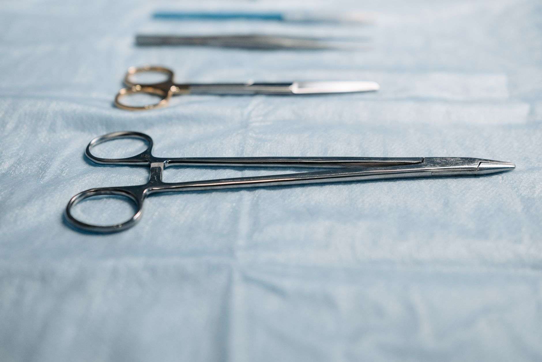 Surgical instruments laid out in an operating room