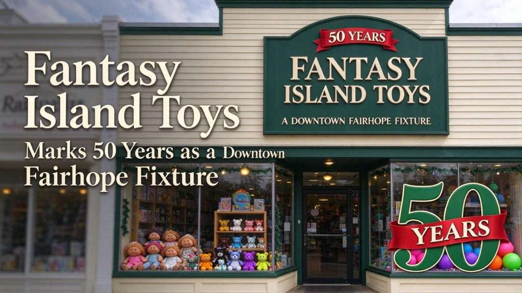 Illustration for the news story: Fantasy Island Toys Marks 50 Years as a Downtown Fairhope Fixture