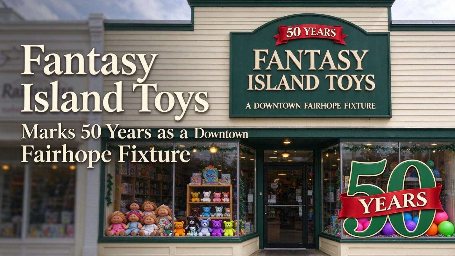 Illustration for the news story: Fantasy Island Toys Marks 50 Years as a Downtown Fairhope Fixture