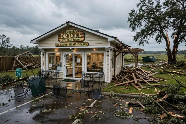 Illustration for the news story: Fast-Moving Storm Hurls Furniture, Splits Trees Near Fairhope Ice Cream Shop