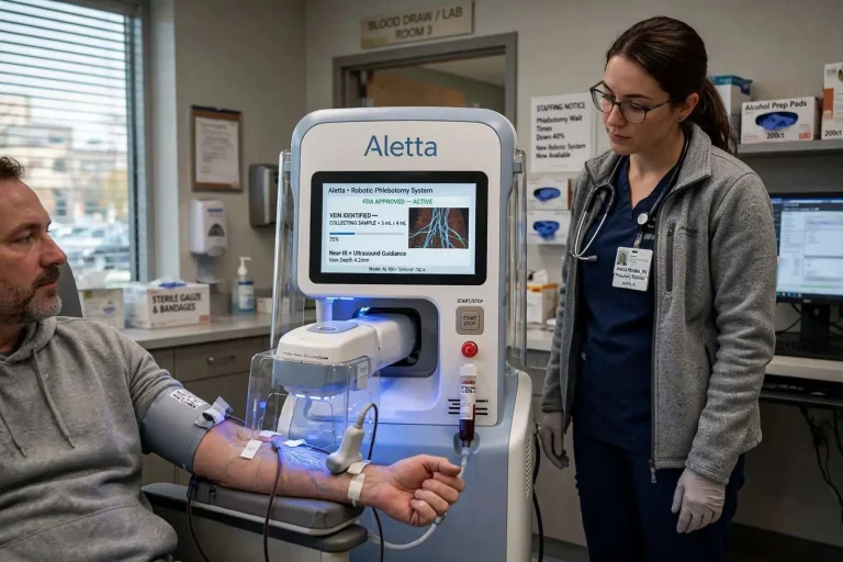 Illustration for the news story: FDA Approves ‘Aletta,’ a Robot That Draws Blood Amid Phlebotomist Shortage
