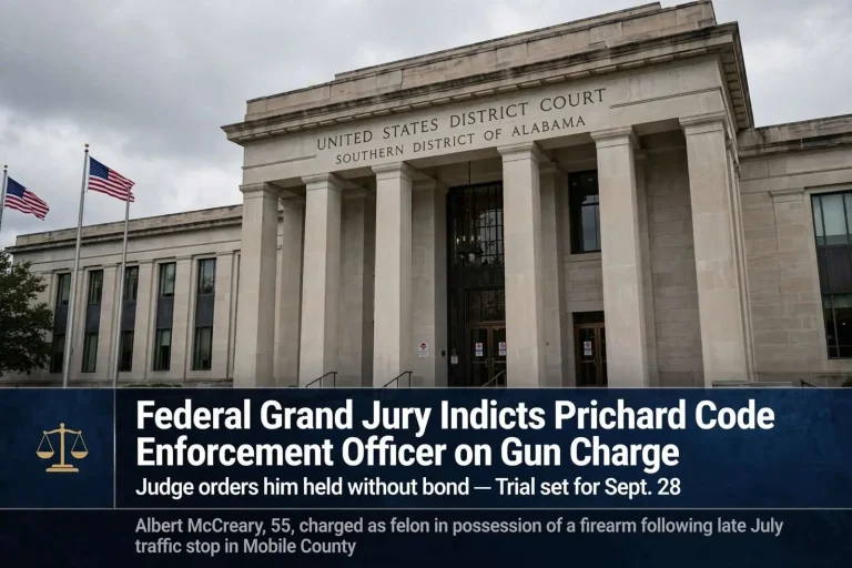 Illustration for the news story: Federal Grand Jury Indicts Prichard Code Enforcement Officer on Gun Charge, Judge Orders Him Held Without Bond