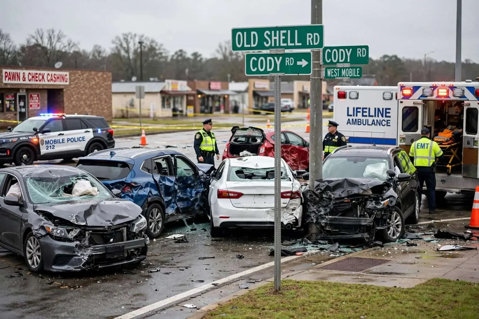Illustration for the news story: One Hospitalized After Five-Vehicle Crash at Old Shell and Cody Roads in West Mobile