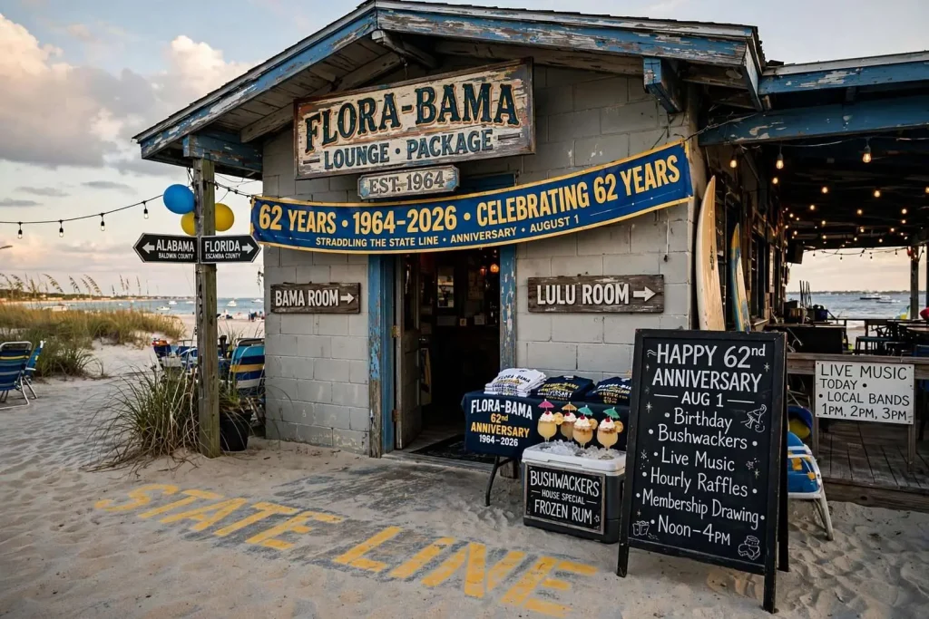 Illustration for the news story: Flora-Bama Lounge Toasts 62 Years Straddling the State Line