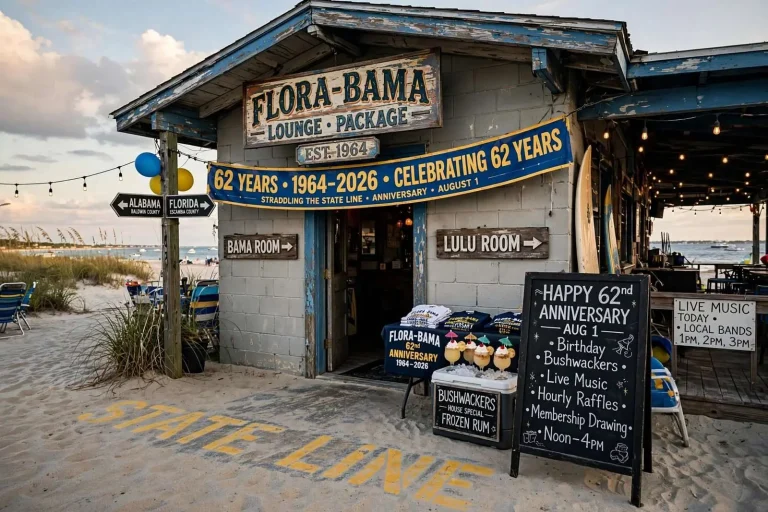 Illustration for the news story: Flora-Bama Lounge Toasts 62 Years Straddling the State Line