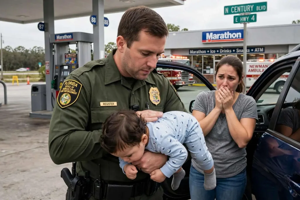 Illustration for the news story: Florida Agriculture Officer Credited With Saving Choking Toddler’s Life at Century Gas Station