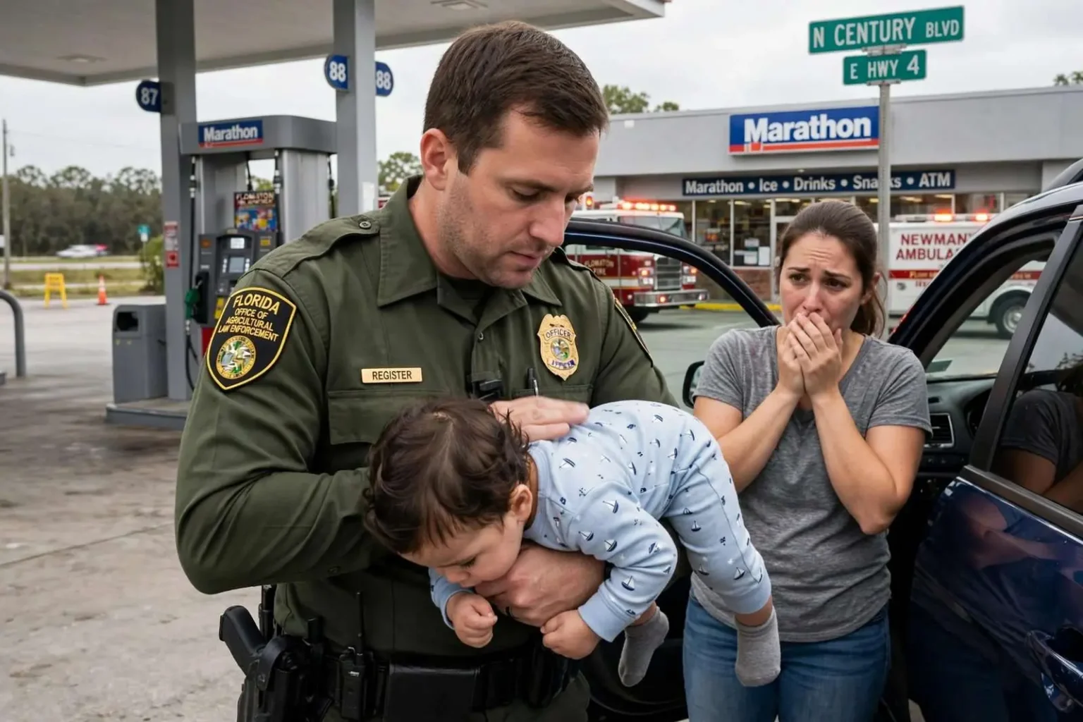 Illustration for the news story: Florida Agriculture Officer Credited With Saving Choking Toddler’s Life at Century Gas Station