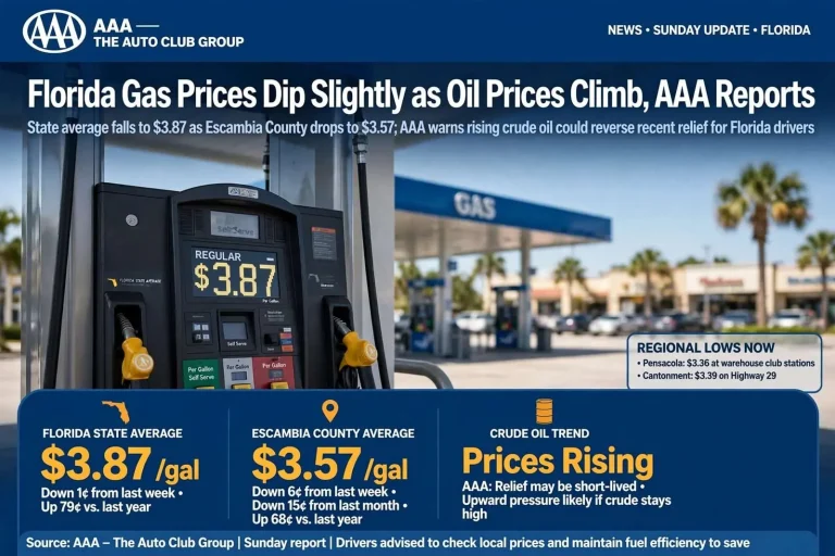 Illustration for the news story: Florida Gas Prices Dip Slightly as Oil Prices Climb, AAA Reports