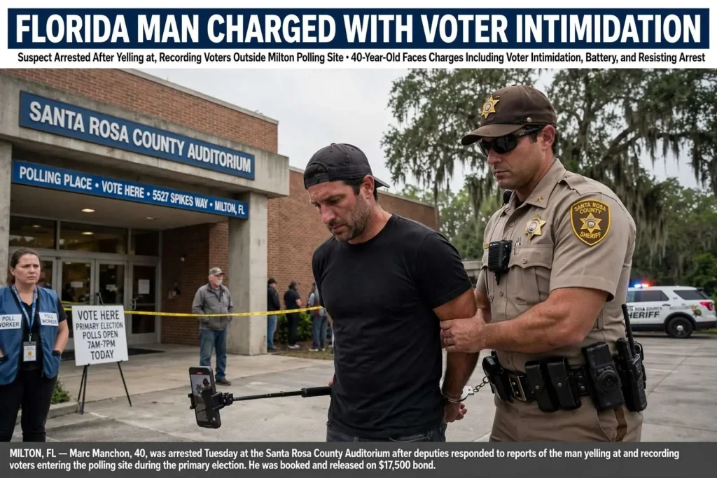 Illustration for the news story: Florida Man Charged With Voter Intimidation After Yelling at, Recording Voters in Milton