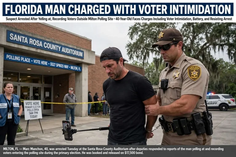 Illustration for the news story: Florida Man Charged With Voter Intimidation After Yelling at, Recording Voters in Milton