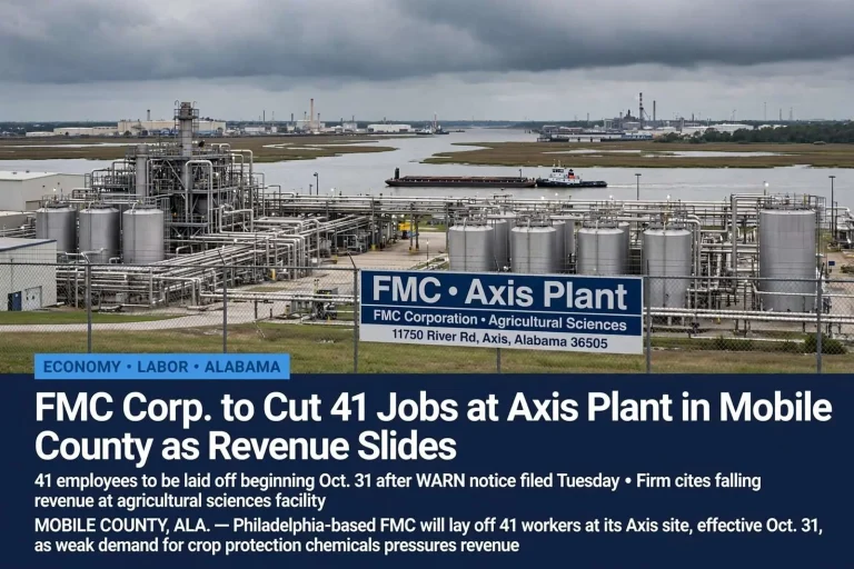 Illustration for the news story: FMC Corp. to Cut 41 Jobs at Axis Plant in Mobile County as Revenue Slides