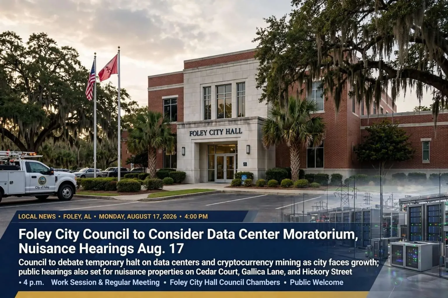 Illustration for the news story: Foley City Council to Consider Data Center Moratorium, Nuisance Hearings Aug. 17