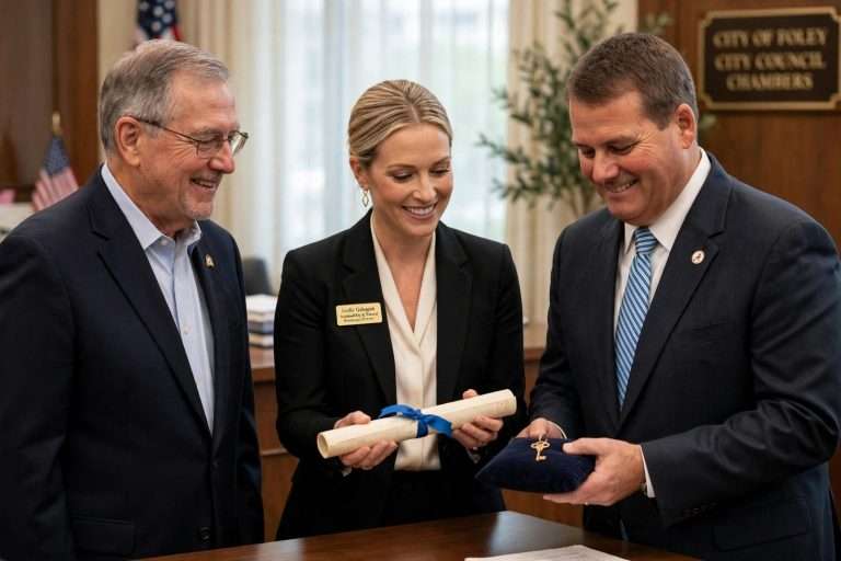 Illustration for the news story: Foley Honors Alabama Conservation Commissioner Chris Blankenship With Keys to the City