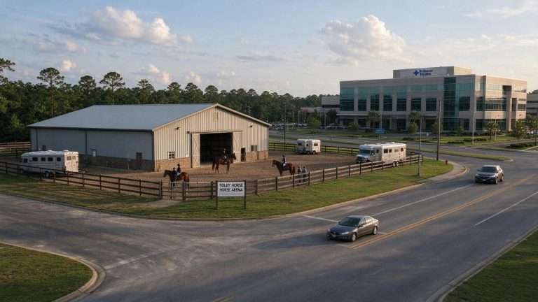 Illustration for the news story: Foley Horse Arena at a Crossroads as City Weighs Growth, Medical Development and Equestrian Needs
